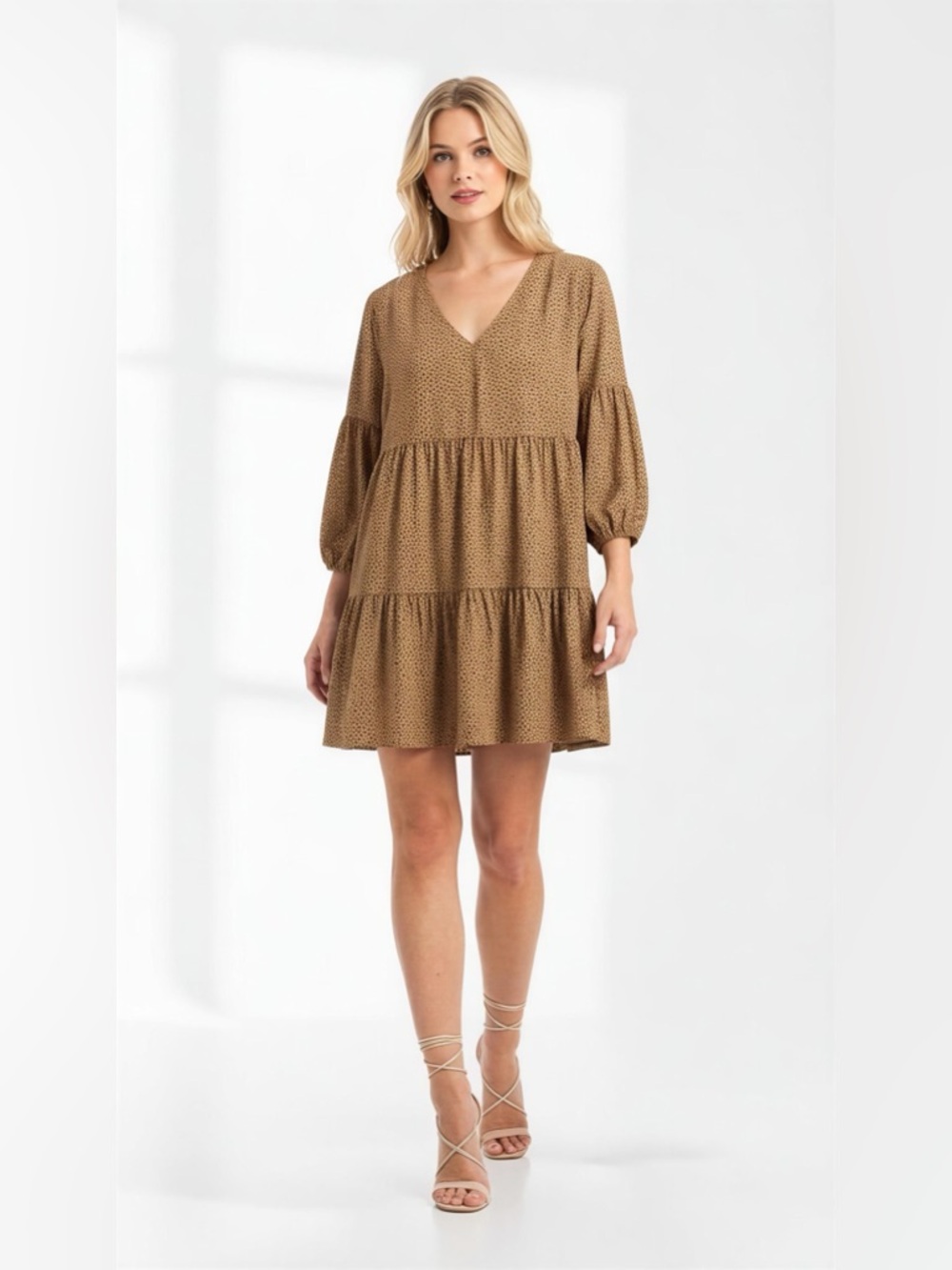 Chic Animal Print V-Neck Tiered Loose Fitting Midi Dress Size S